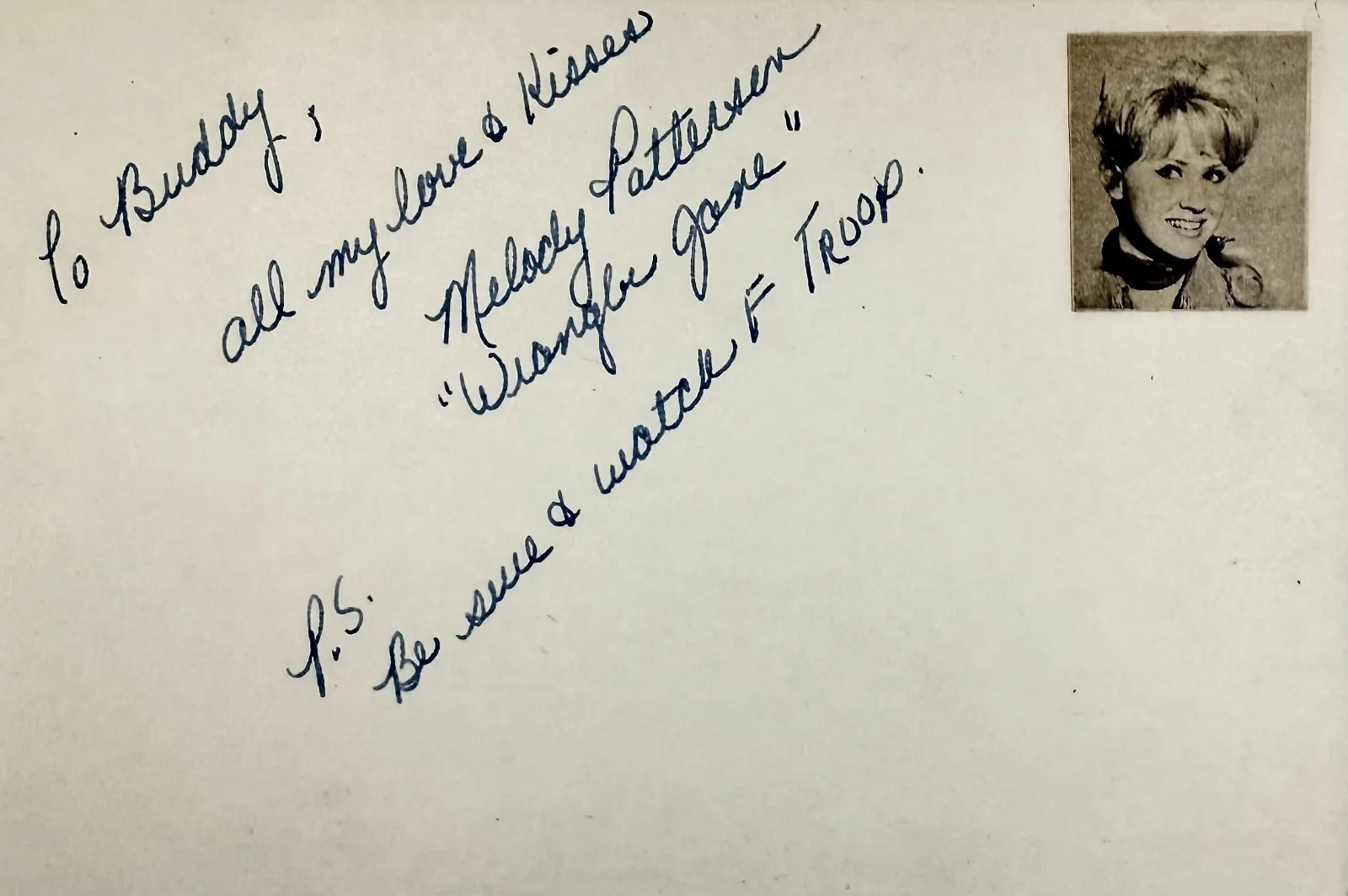 Melody Patterson — MELODY PATTERSON Signed Autographed 4"x 6" INDEX CARD "Wrangler Jane" in F Troop, image 4