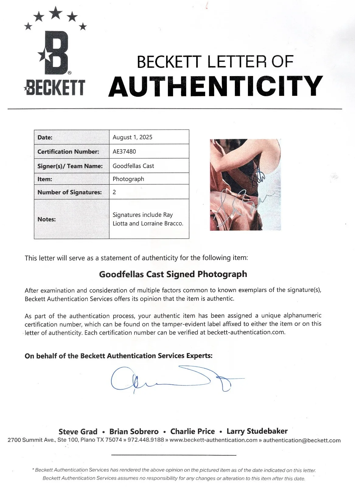 RAY LIOTTA, LORRAINE BRACCO — RAY LIOTTA & LORRAINE BRACCO BECKETT SIGNED GOODFELLAS PHOTOGRAPH AUTOGRAPH, изображение 2