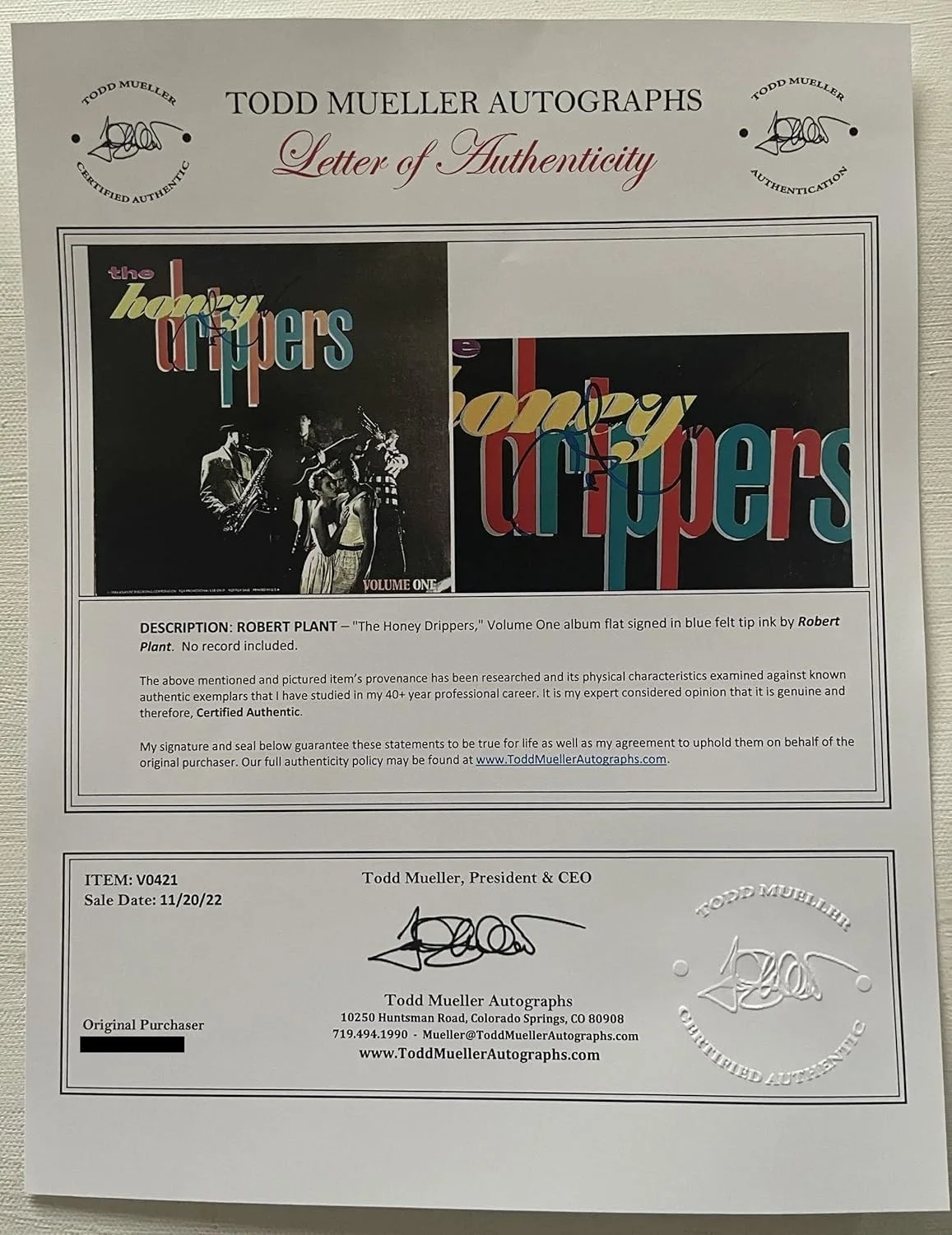 Robert Plant Signed Autographed "The Honey Drippers" 12x12 Promo Photo - Mueller, изображение 2
