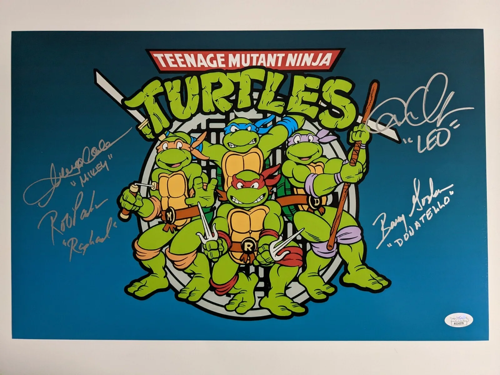 Rob Paulsen, Cam Clarke, Barry Gordon, Townsend Coleman — TMNT Original 4 Teenage Mutant Ninja Turtles Cast Signed 11x17 Photo JSA COA A