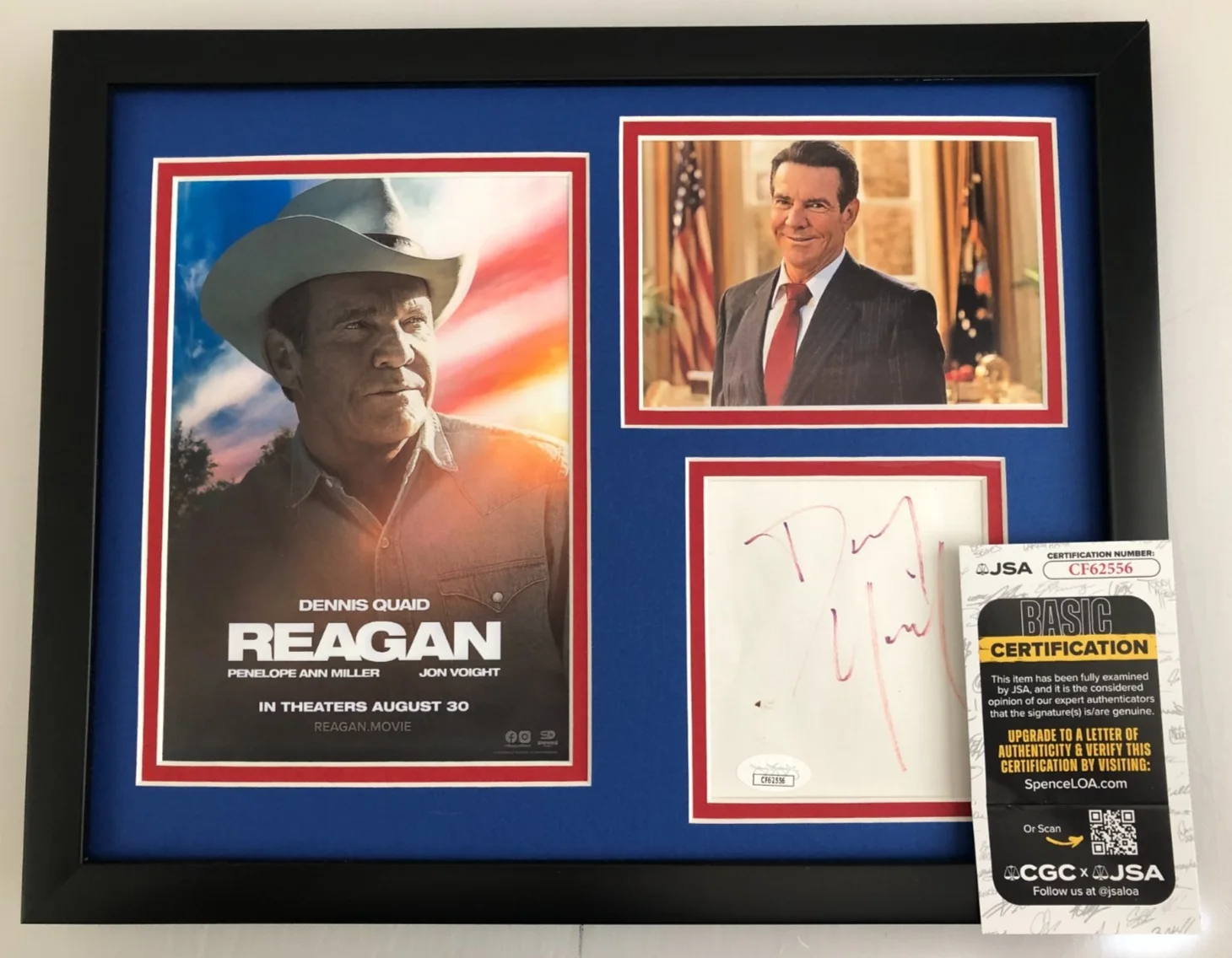 DENNIS QUAID — DENNIS QUAID as RONALD REAGAN SIGNED 11x14 MATTED FRAMED PHOTO DISPLAY JSA COA