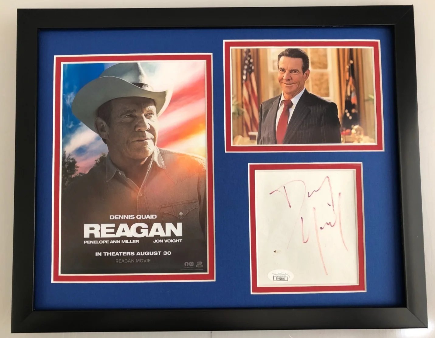 DENNIS QUAID — DENNIS QUAID as RONALD REAGAN SIGNED 11x14 MATTED FRAMED PHOTO DISPLAY JSA COA, image 3