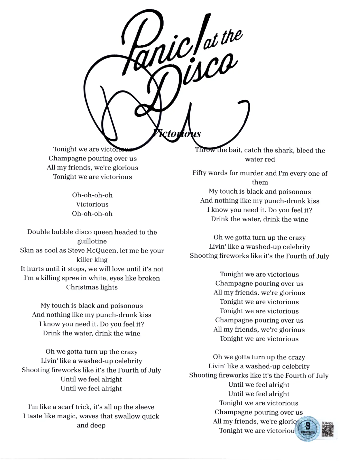 DALLON WEEKES SIGNED PANIC! AT THE DISCO VICTORIOUS LYRIC SHEET BECKETT BAS COA, image 2