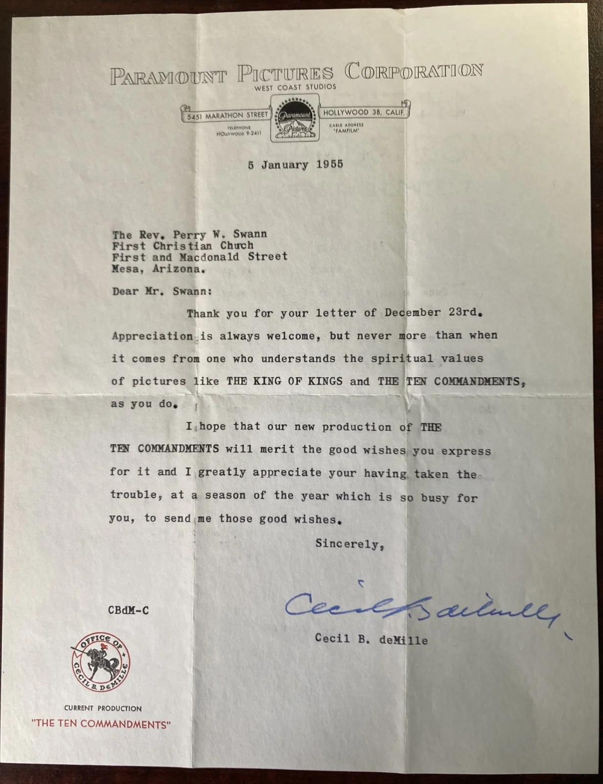 CECIL B. DEMILLE-Typed Letter Signed w/ env. Paramount-1955-Ten Commandments, image 2