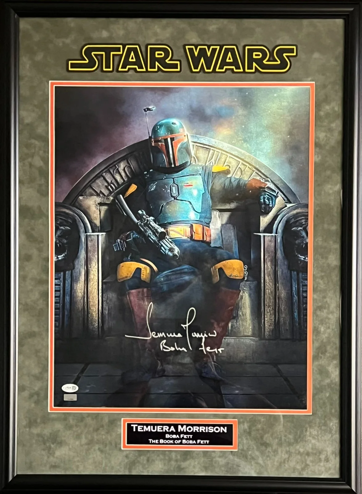 Temuera Morrison — Temuera Morrison autographed signed suede framed 16x20 Star Wars Boba Fett JSA