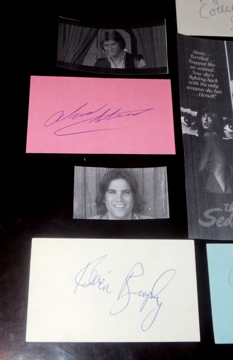 Morgan Fairchild Andrew Stevens Michael Sarrazin Vince Edwards — The Seduction Movie Cast Autographed Index Cards Fairchild Sarrazin Stevens Camp, изображение 3