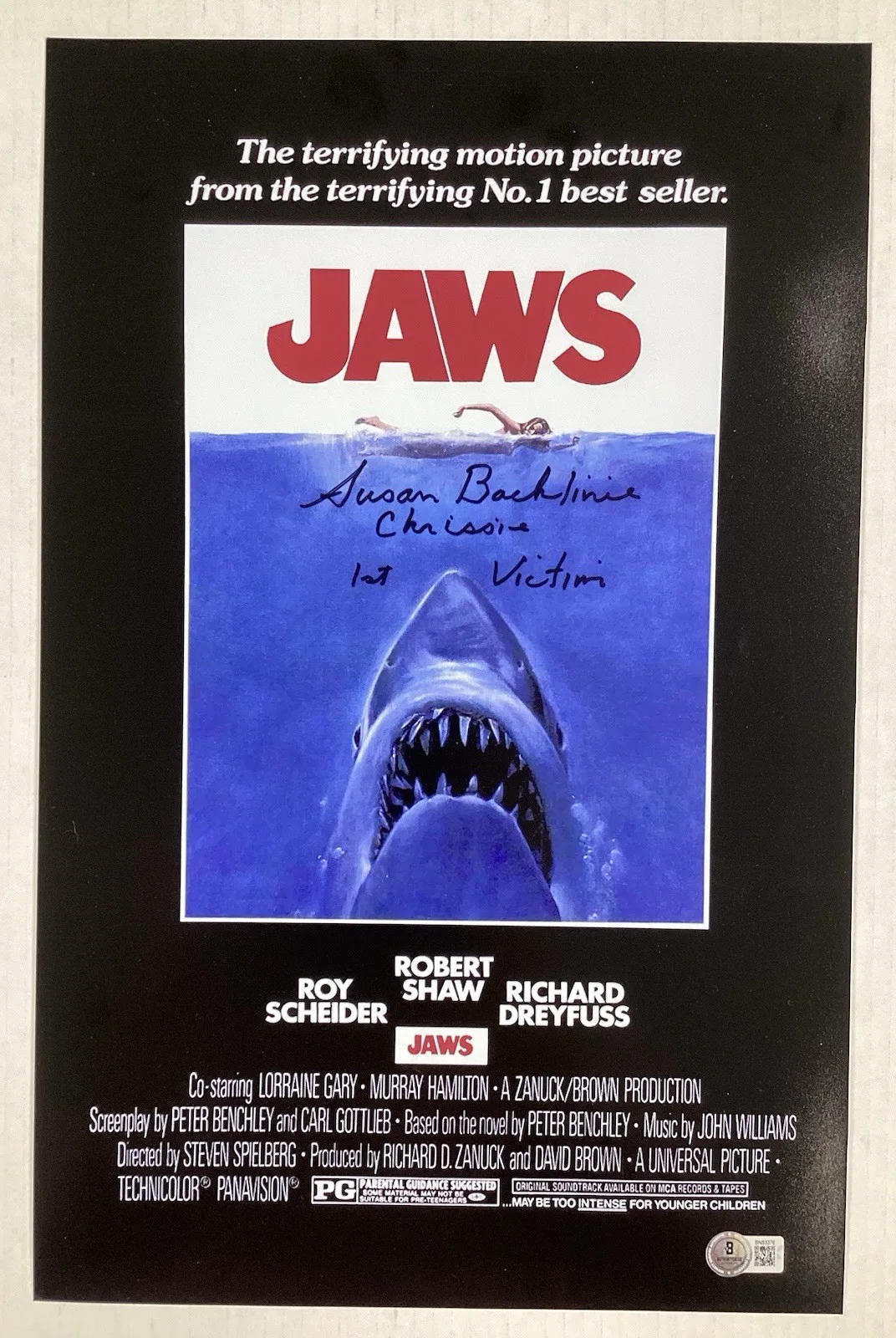 Susan Backlinie — Susan Backlinie Signed Movie Photo 11x17 Jaws 1st Victim Chrissie Autograph BAS