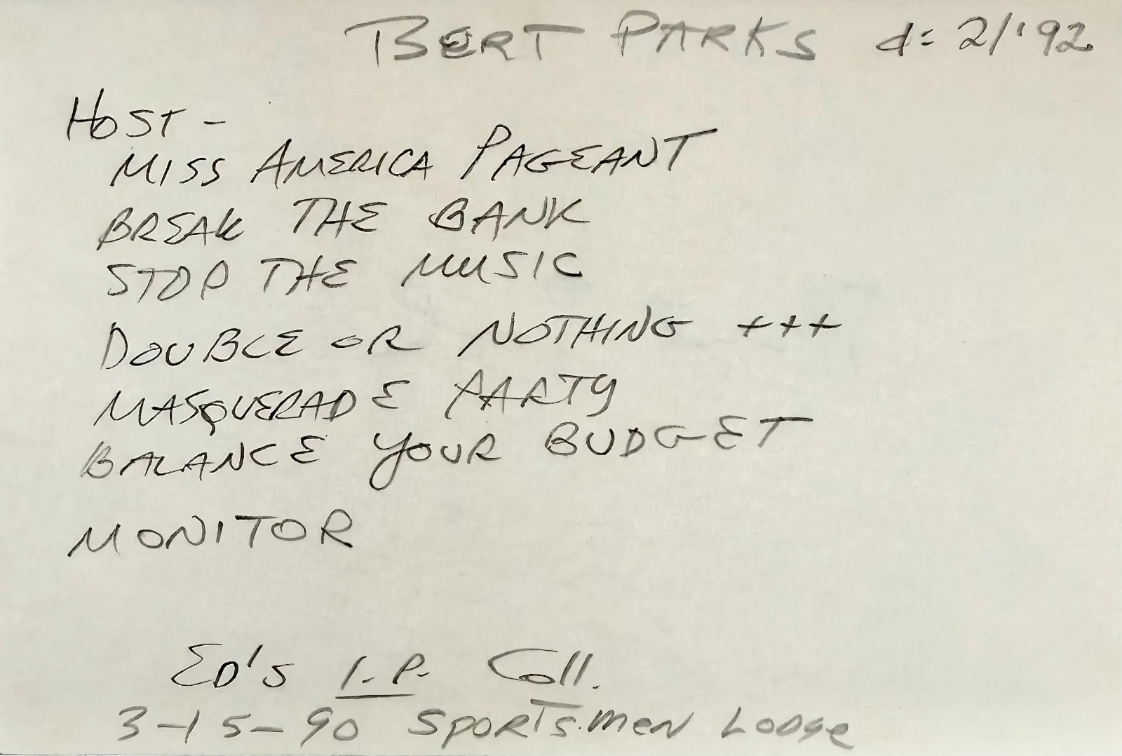 Bert Parks — BERT PARKS Autograph Signed 4x 6 INDEX CARD Miss America Pageant Stop the Music, image 3
