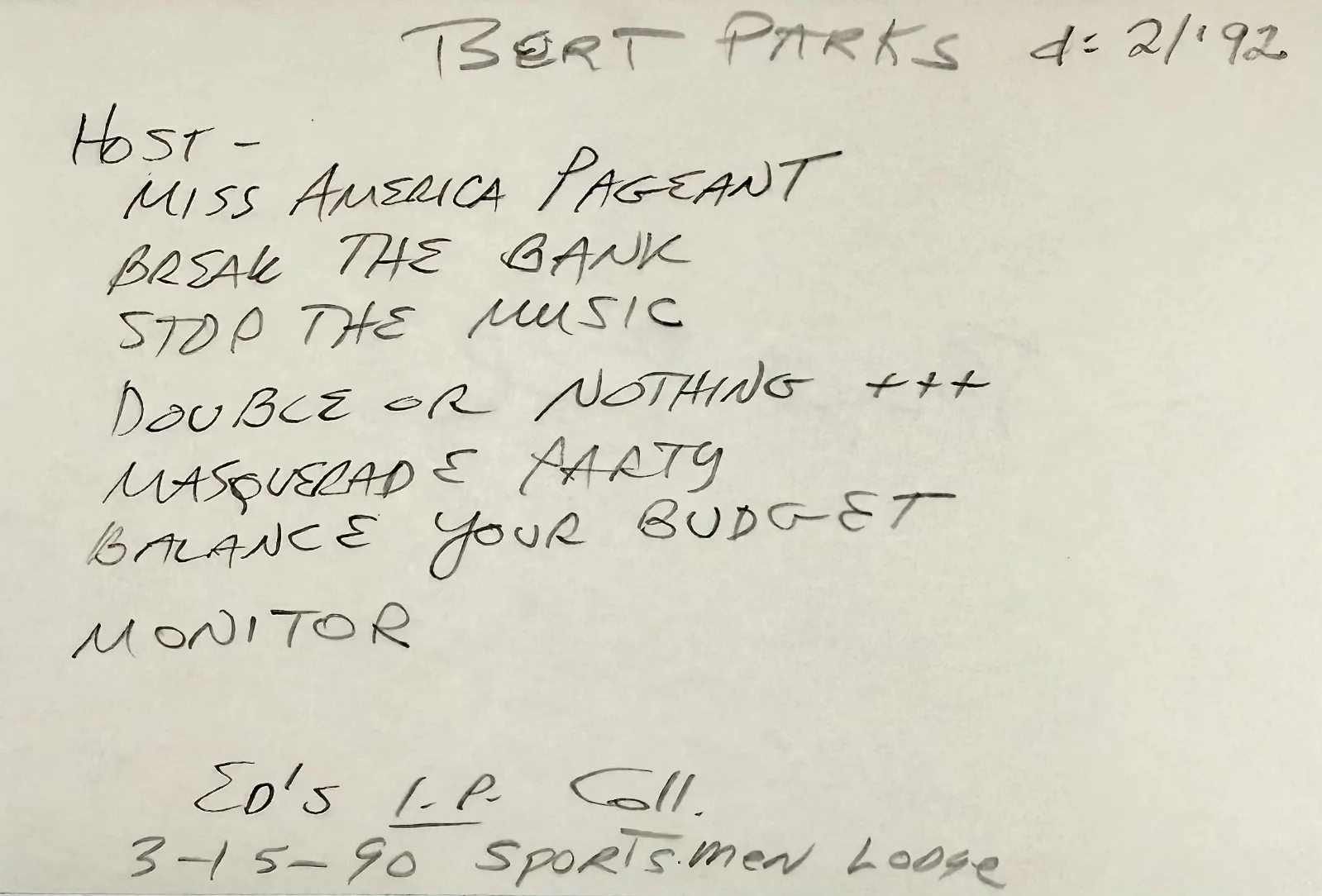 Bert Parks — BERT PARKS Autograph Signed 4x 6 INDEX CARD Miss America Pageant Stop the Music, image 5