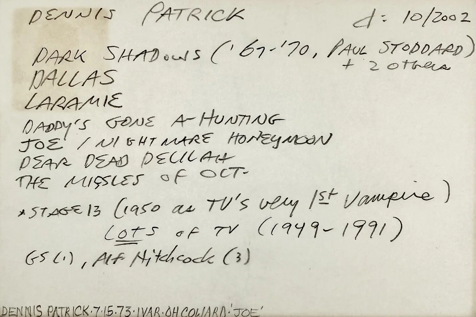 Dennis Patrick — DENNIS PATRICK Signed Autographed 4x 6 INDEX CARD House of Dark Shadows SOMERSET, изображение 3