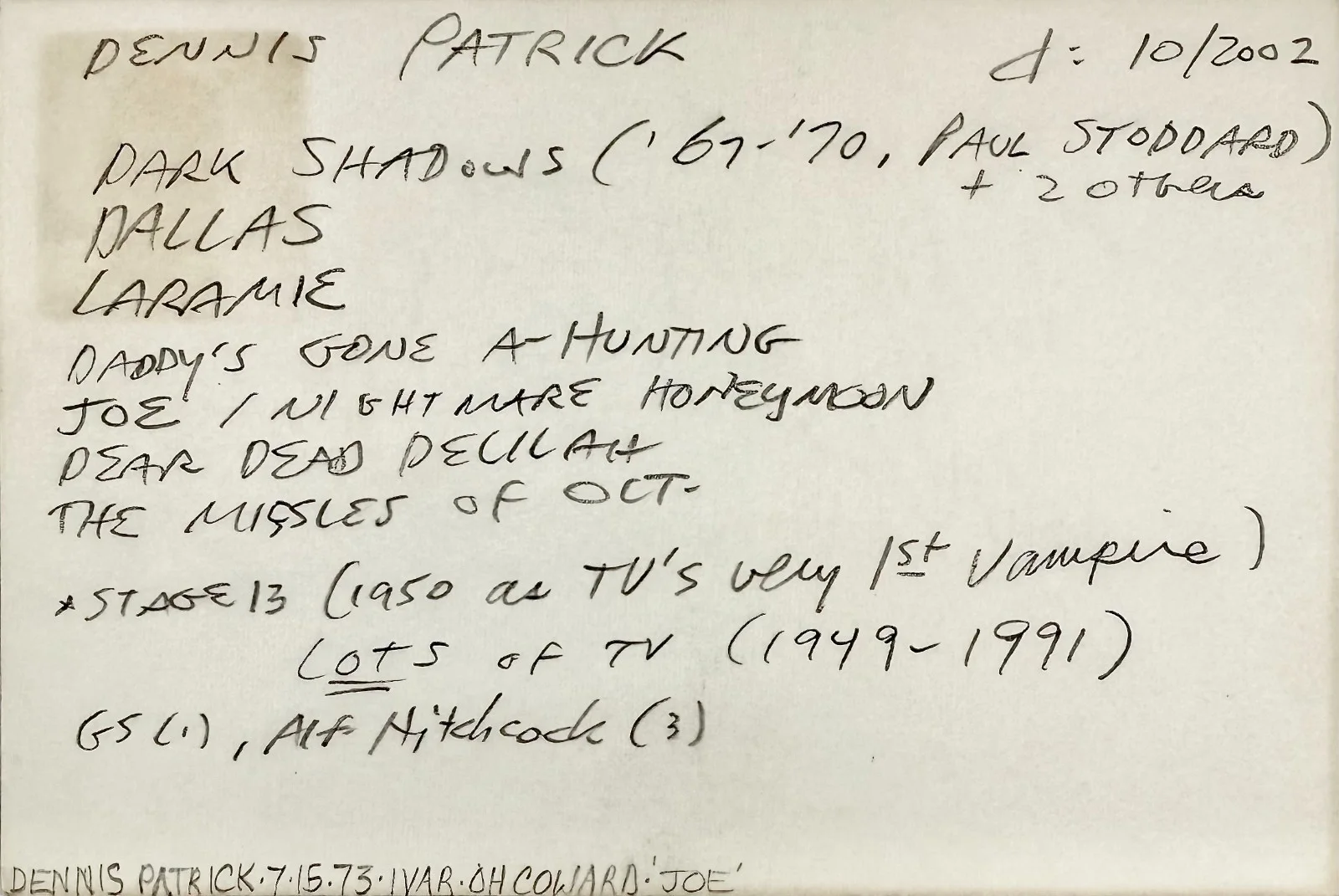 Dennis Patrick — DENNIS PATRICK Signed Autographed 4x 6 INDEX CARD House of Dark Shadows SOMERSET, изображение 5