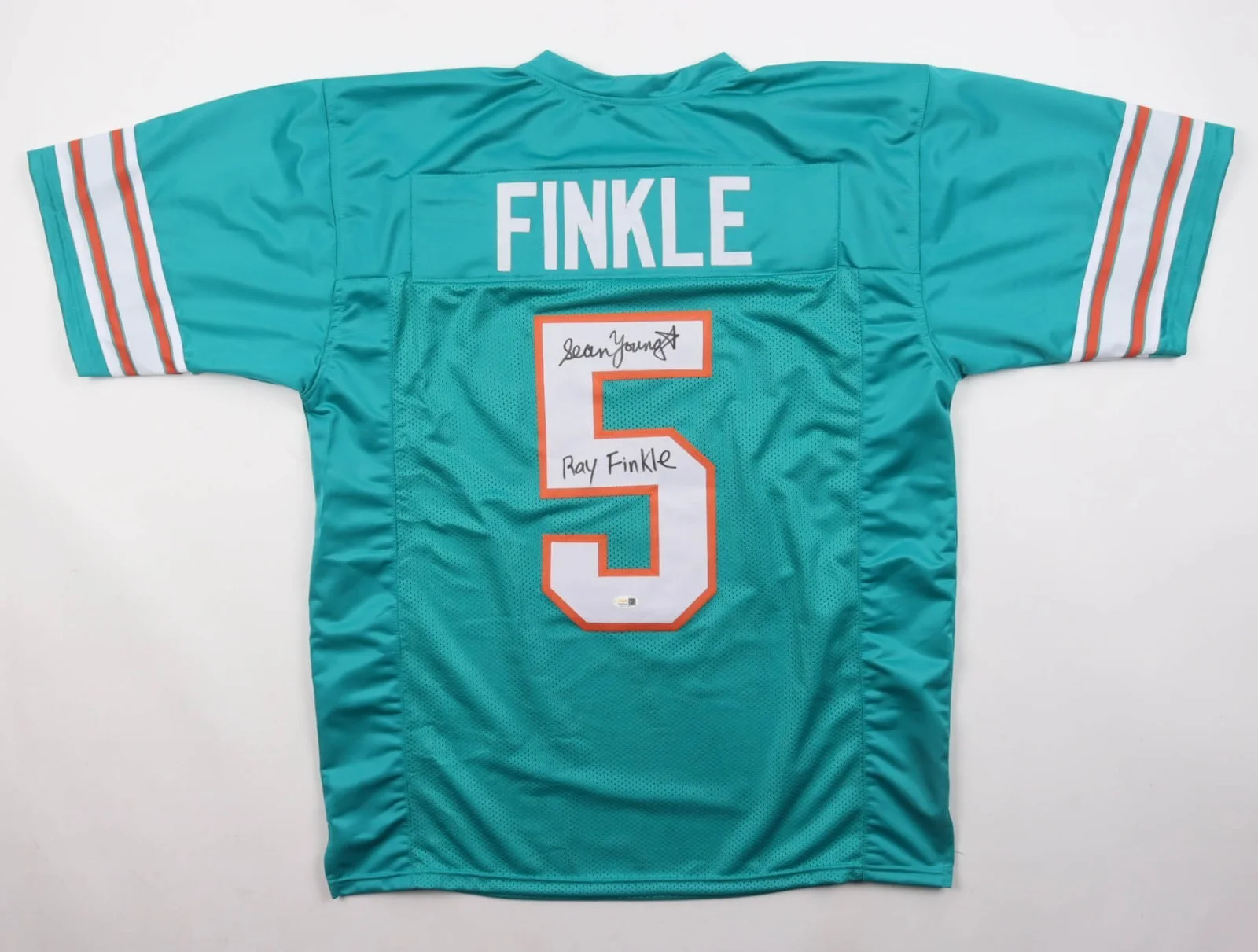 Sean Young / Lt. Lois Einhorn / Ray Finkle — Sean Young Signed Jersey Inscribed "Ray Finkle" (JSA) Ace Ventura / Dolphins