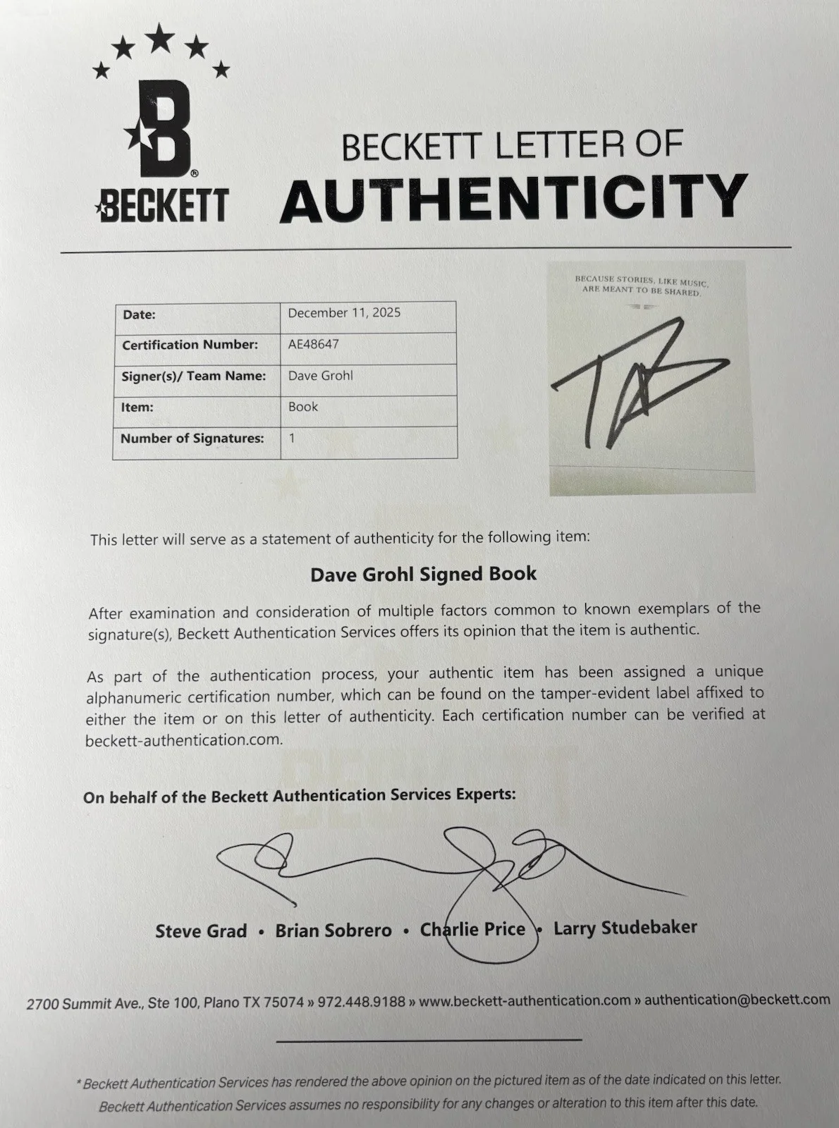 DAVE GROHL SIGNED THE STORYTELLER BOOK SINGER FOO FIGHTERS NIRVANA - BECKETT COA, изображение 4
