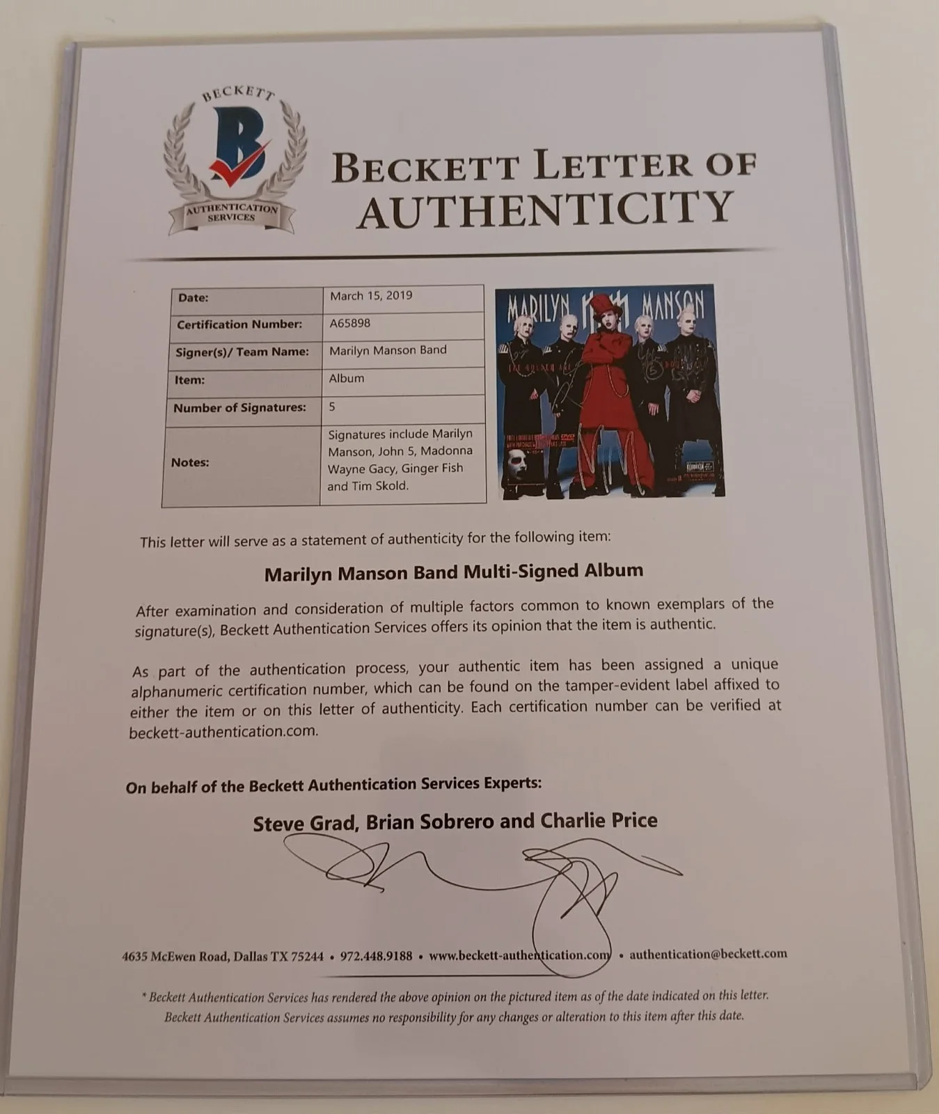 Marilyn Manson + 4 Signed Test Pressing Golden Age Of Grotesque Vinyl Beckett 20, image 2