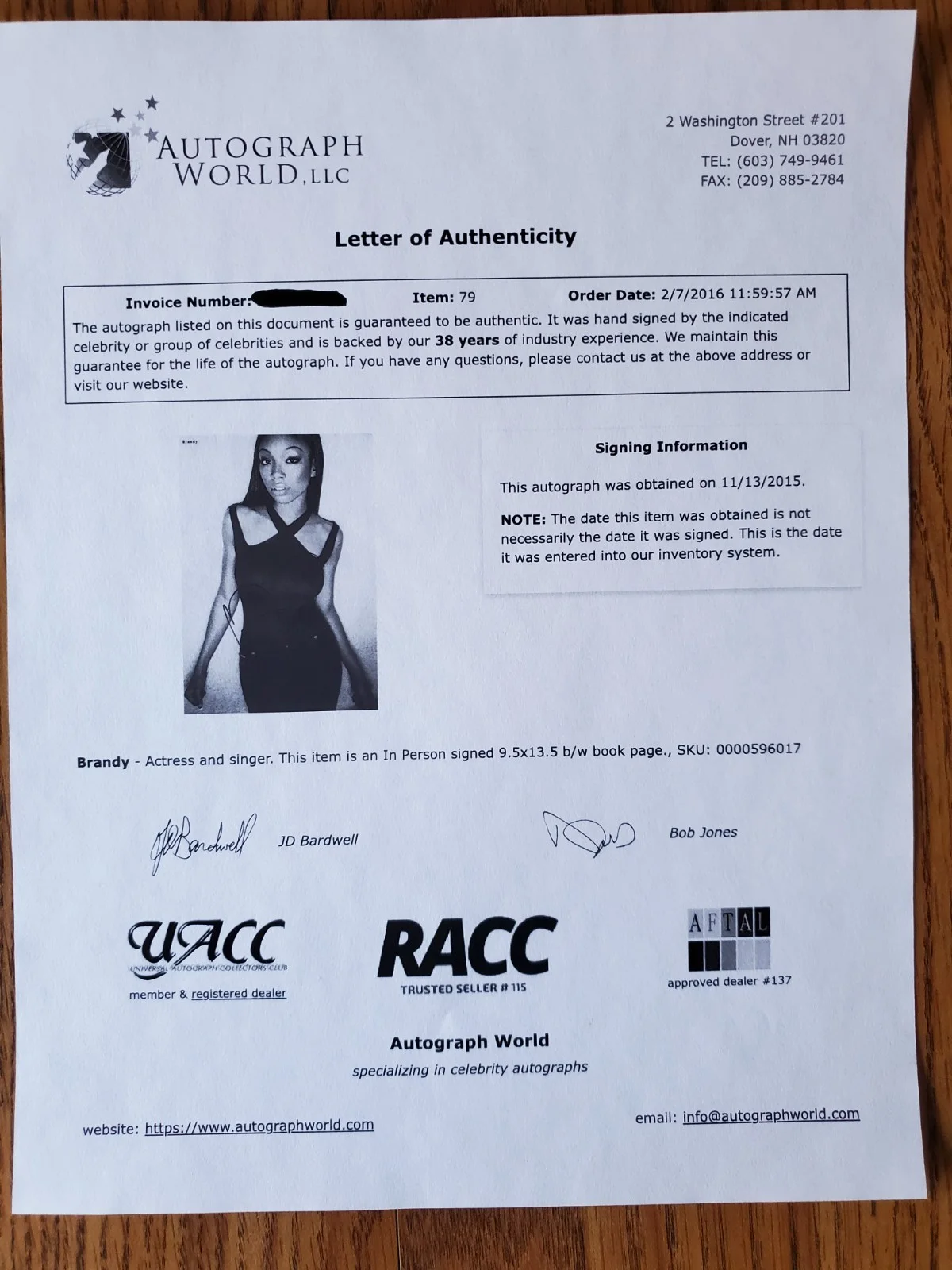 BRANDY 9.5 X 13 Autographed Magazine Page with Letter of Authenticity, изображение 3