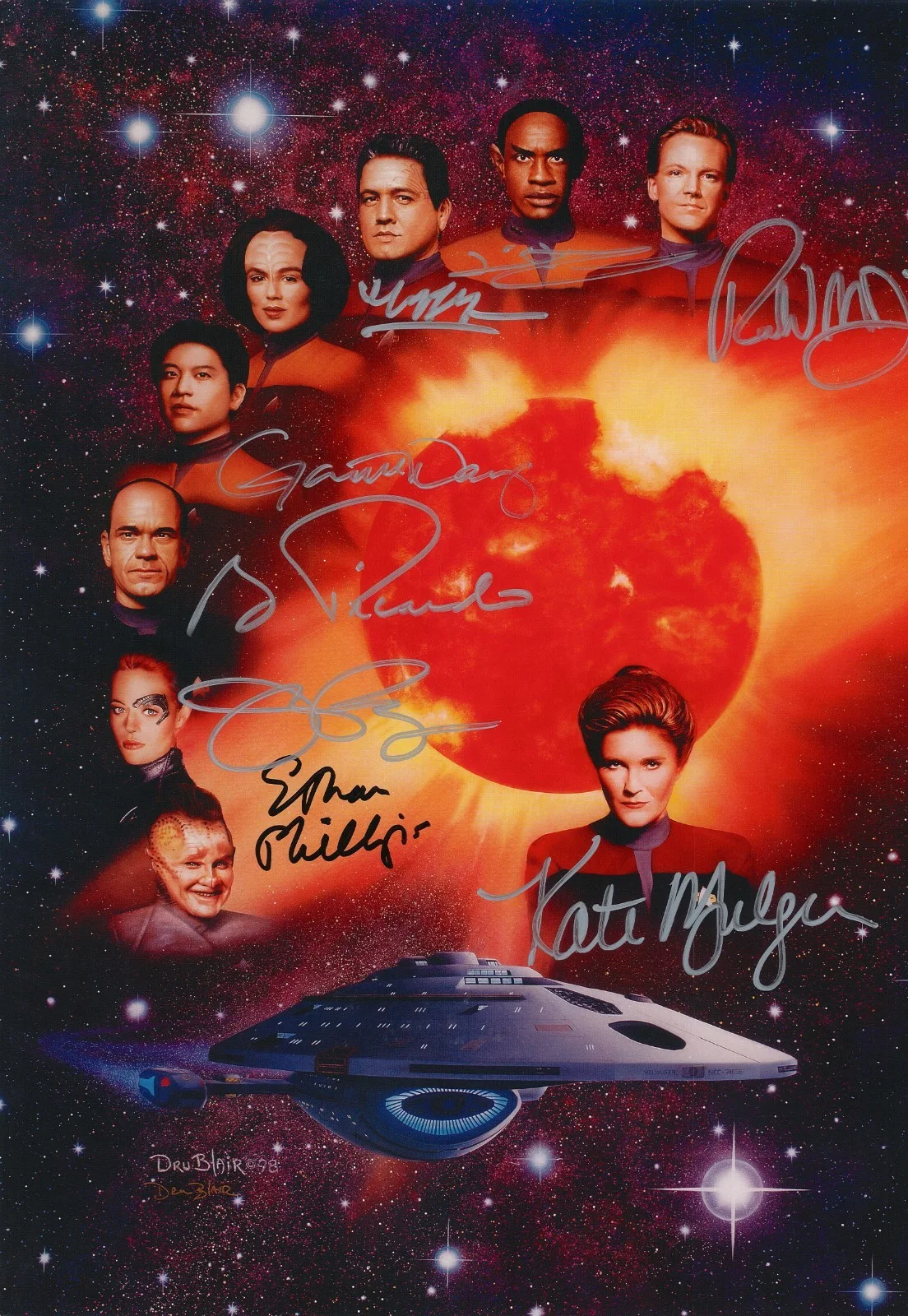 Kate Mulgrew, Robert Beltran, Robert Duncan McNeil, Jeri Ryan — Star Trek Voyager Cast Signed Poster Kate Mulgrew Jeri Ryan Robert Beltran &More