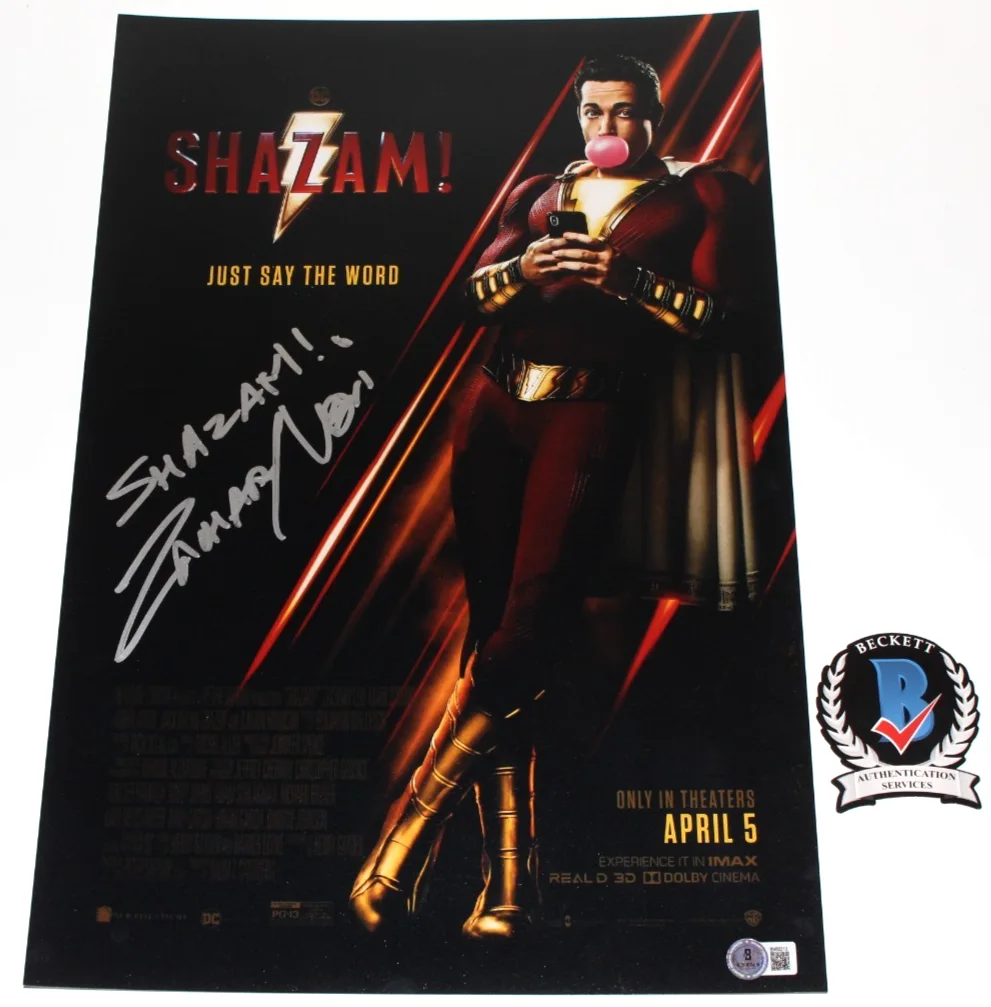 ZACHARY LEVI SIGNED 'SHAZAM!' 12x18 MOVIE POSTER DC COMICS FILM BECKETT BAS COA, изображение 2