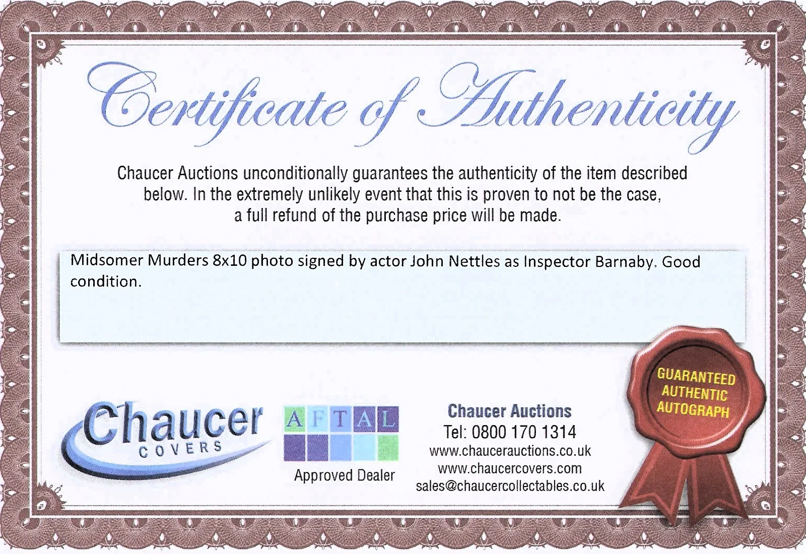 John NETTLES Signed 8x10 Photograph MIDSOMER MURDERS w. JASON HUGHES coa, изображение 3
