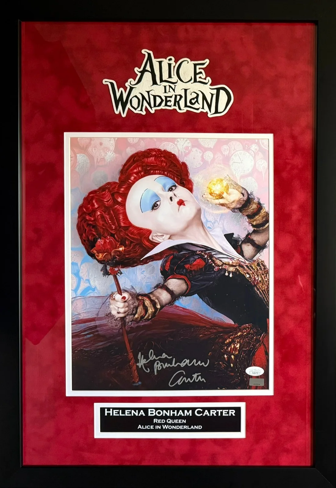 Helena Bonham Carter — Helena Bonham Carter autographed suede framed 11x14 Alice in Wonderland JSA COA