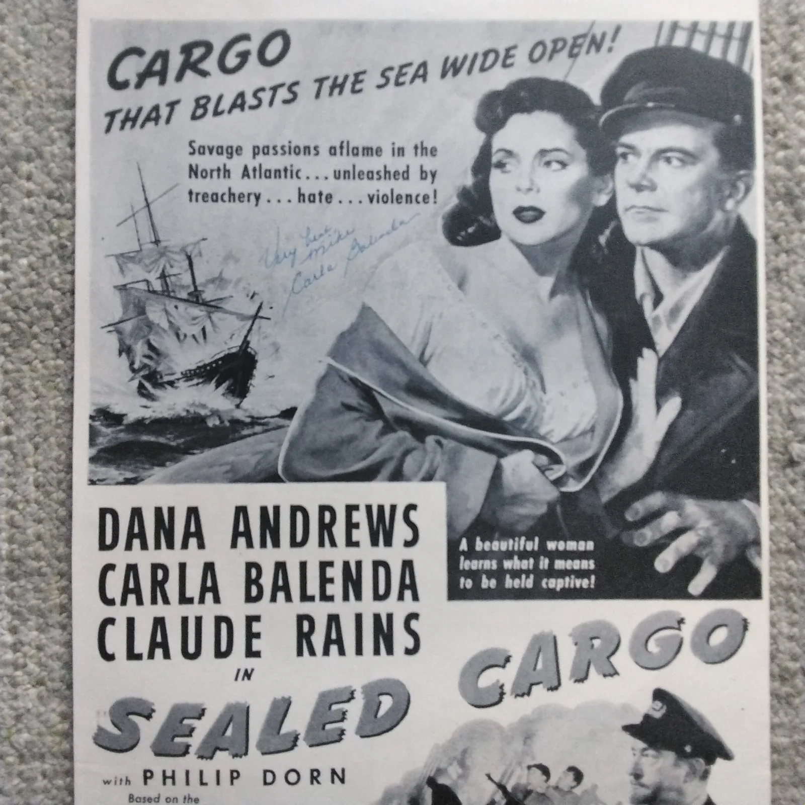 Carla Balenda SIGNED 1951 Movie Ad Sealed Cargo Dana Andrews Claude Rains, изображение 2