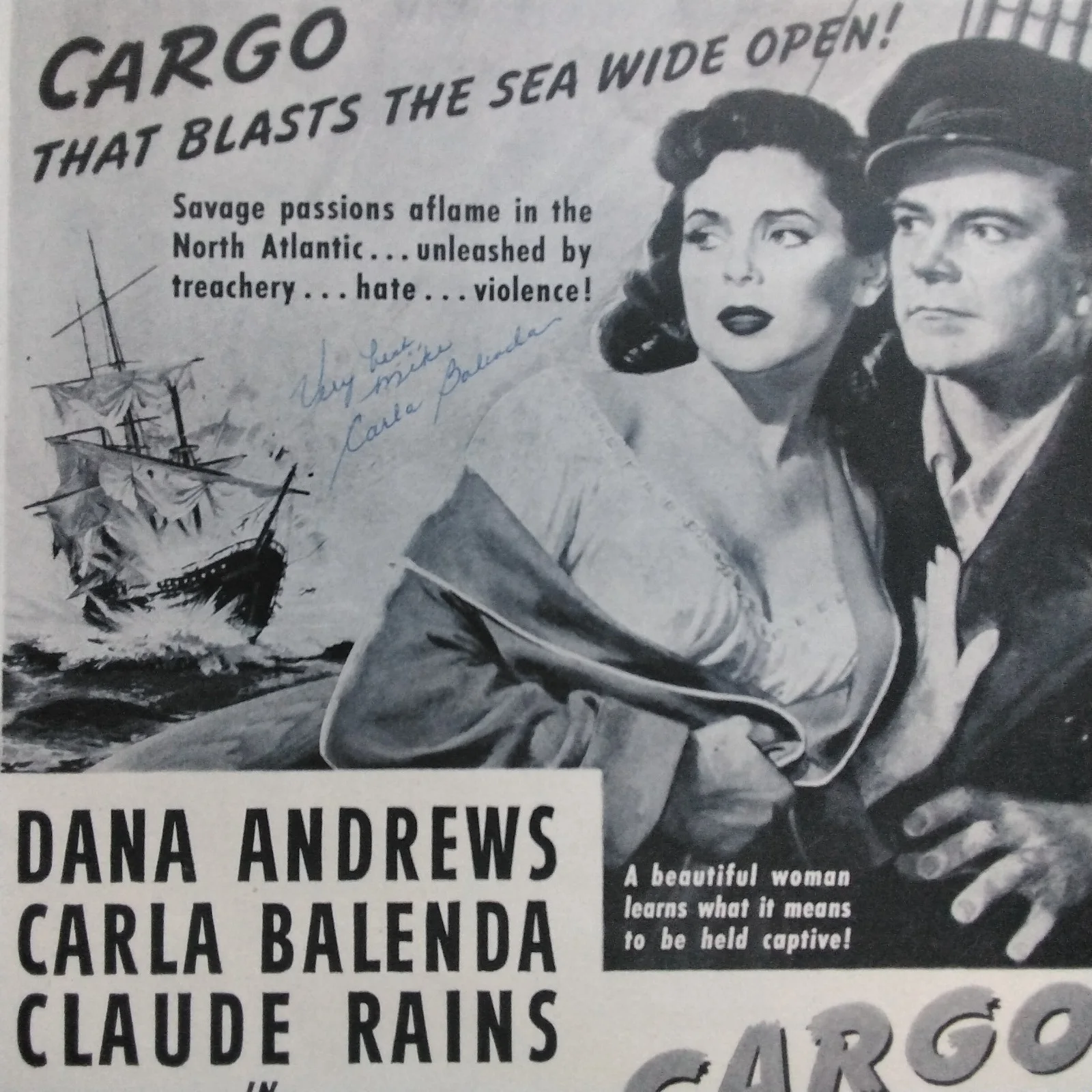 Carla Balenda SIGNED 1951 Movie Ad Sealed Cargo Dana Andrews Claude Rains, изображение 3