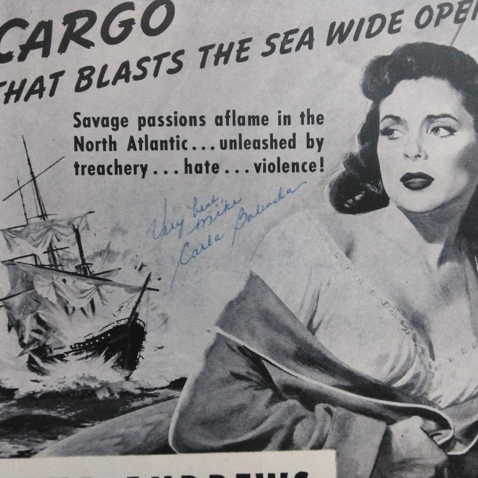 Carla Balenda SIGNED 1951 Movie Ad Sealed Cargo Dana Andrews Claude Rains, изображение 4