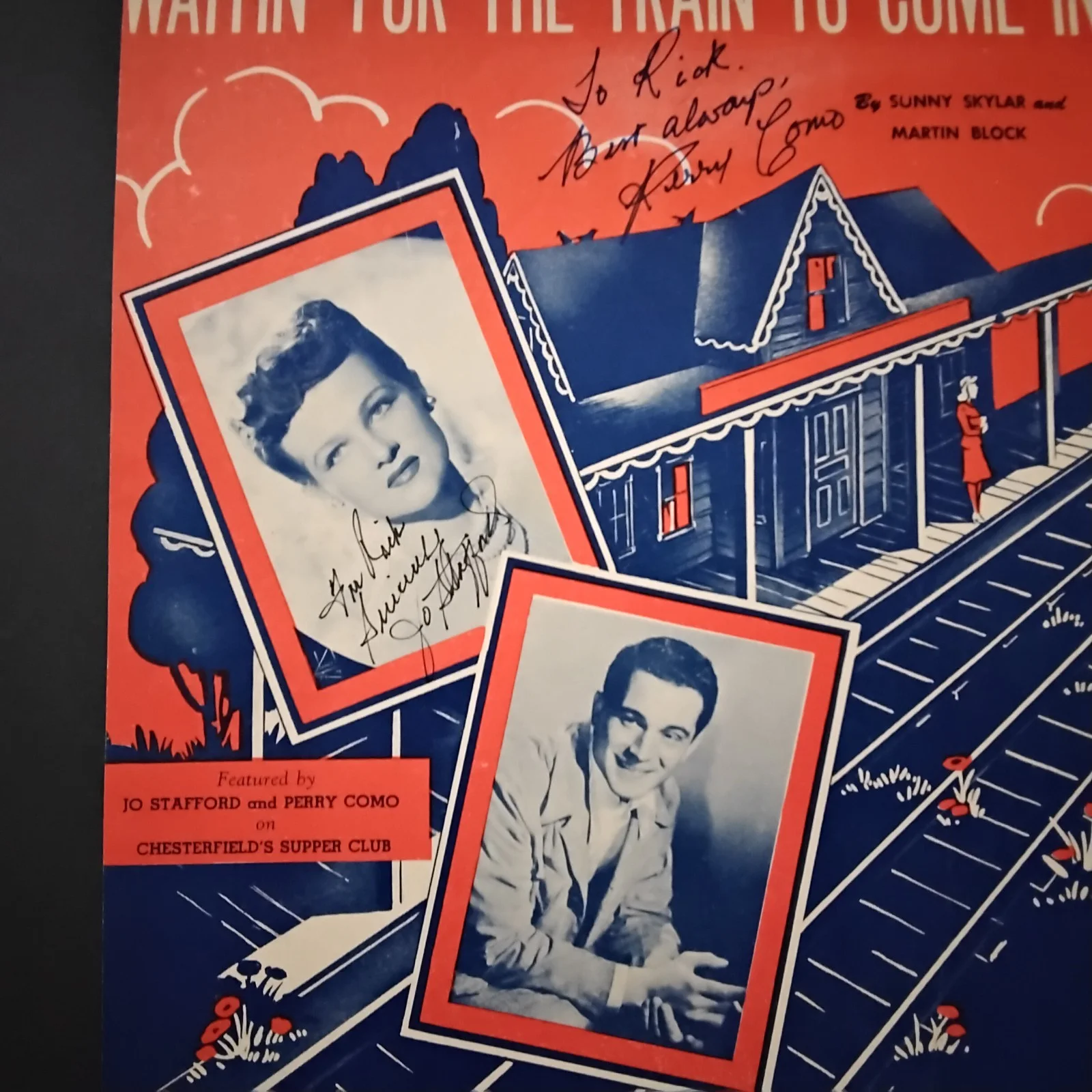 Perry Como & Jo Stafford SIGNED 1945 Music Cover Waitin For The Train To Come In, image 2