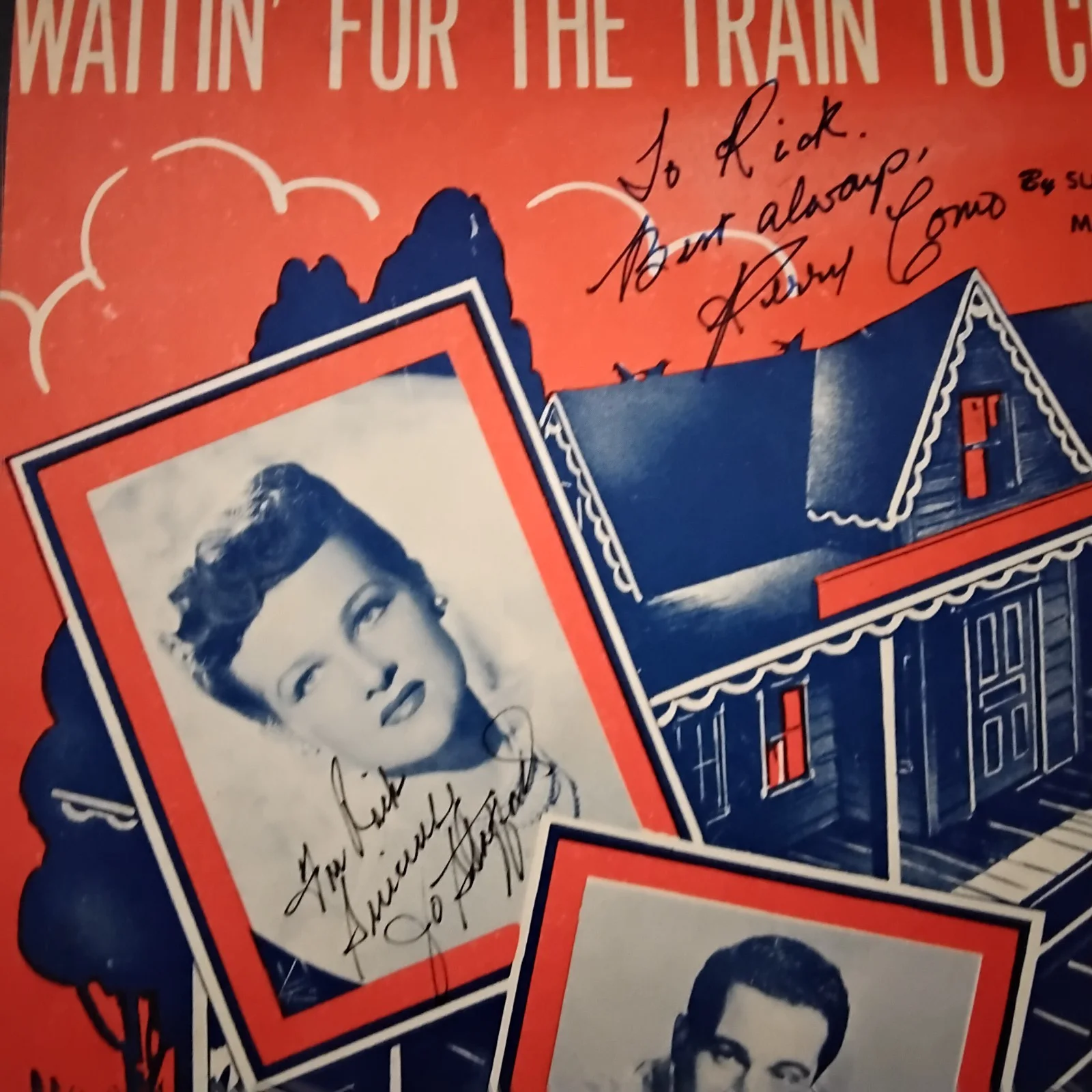 Perry Como & Jo Stafford SIGNED 1945 Music Cover Waitin For The Train To Come In, image 3