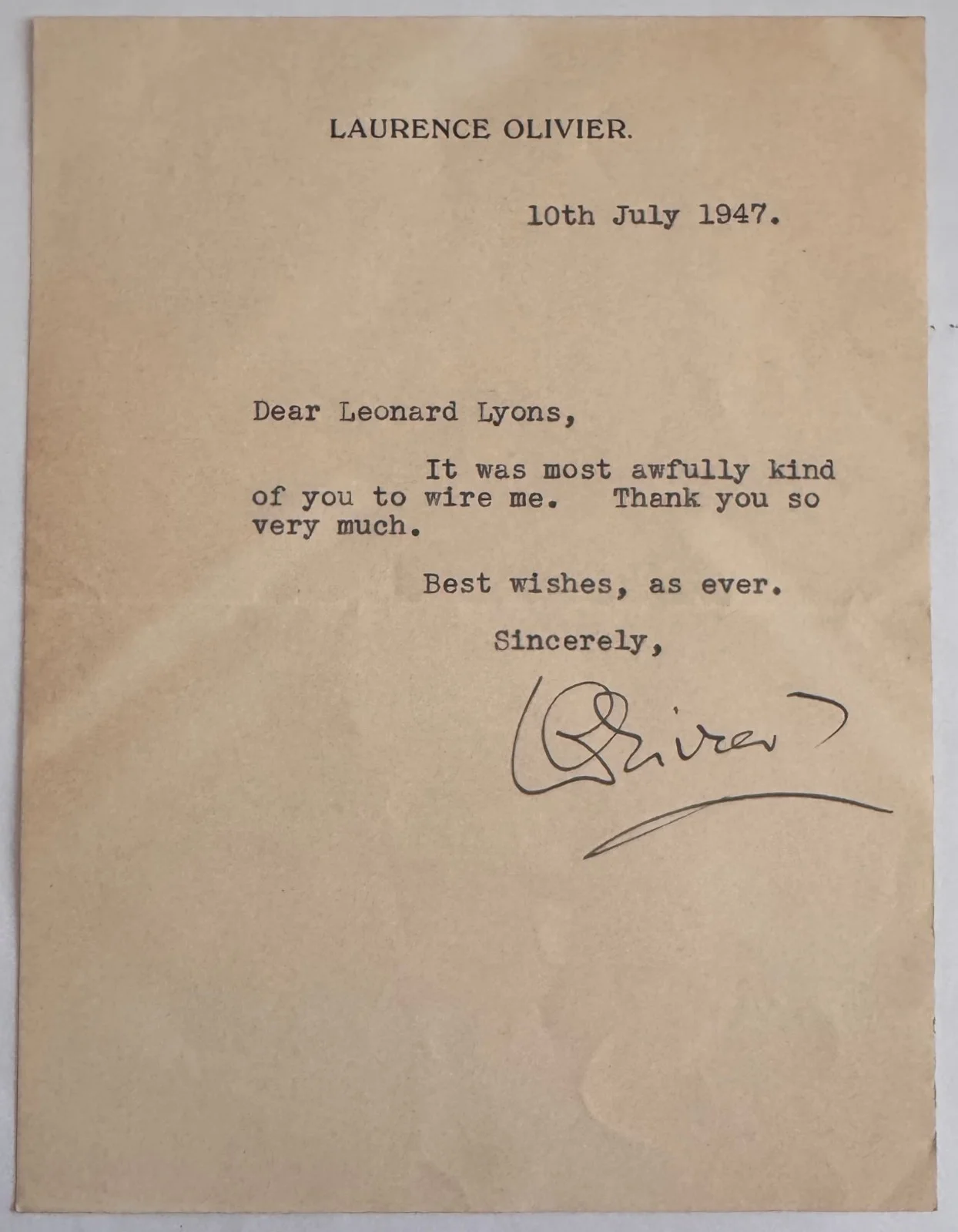 LAURENCE OLIVIER SIGNED LETTER SENT TO LEONARD LYONS JULY 1947 ACTOR & DIRECTOR, image 2