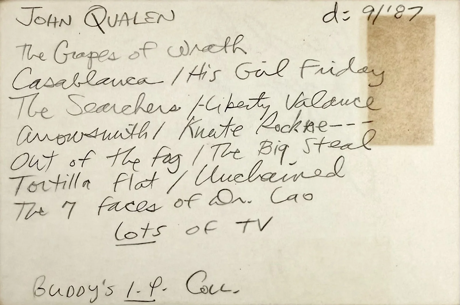 John. Qualen — JOHN QUALEN Signed Autographed 4"x 6" INDEX CARD The Grapes of Wrath CASABLANCA, изображение 3
