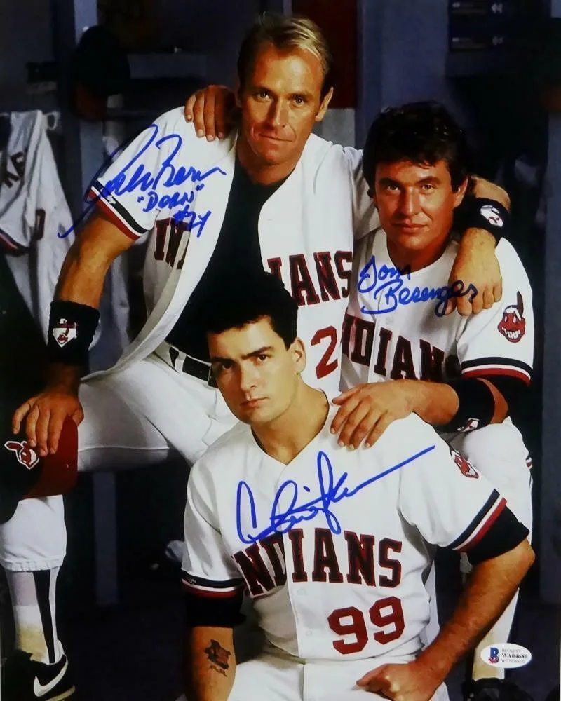 Charlie Sheen, Corbin Bernsen, Tom Berenger — Sheen/Berenger/Bernsen Autographed Major League 11x14 Photo- Beckett Auth *Blue