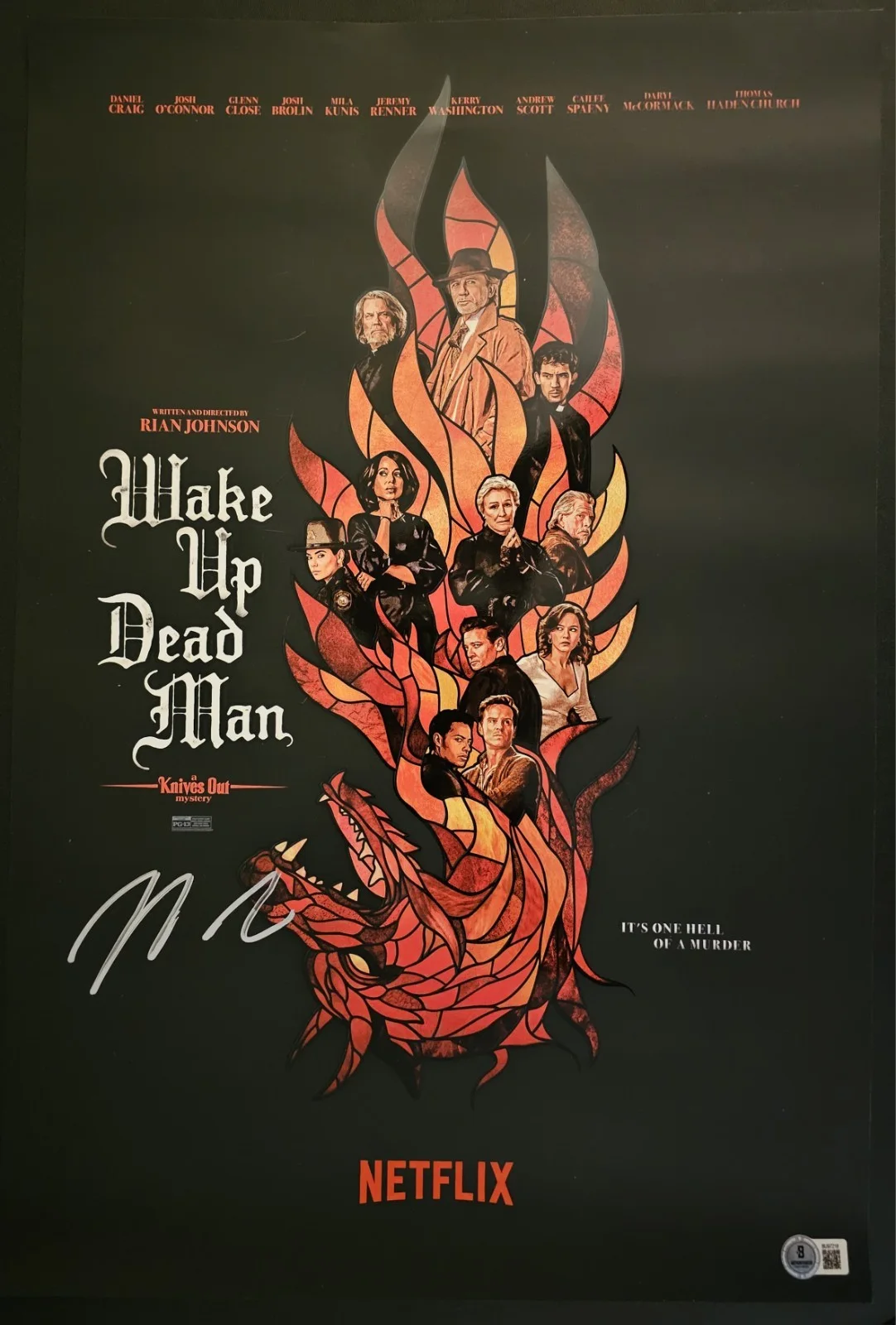 Rian Johnson — RIAN JOHNSON SIGNED AUTOGRAPH 14X20 WAKE UP DEAD MAN KNIVES OUT BECKETT BAS, image 2