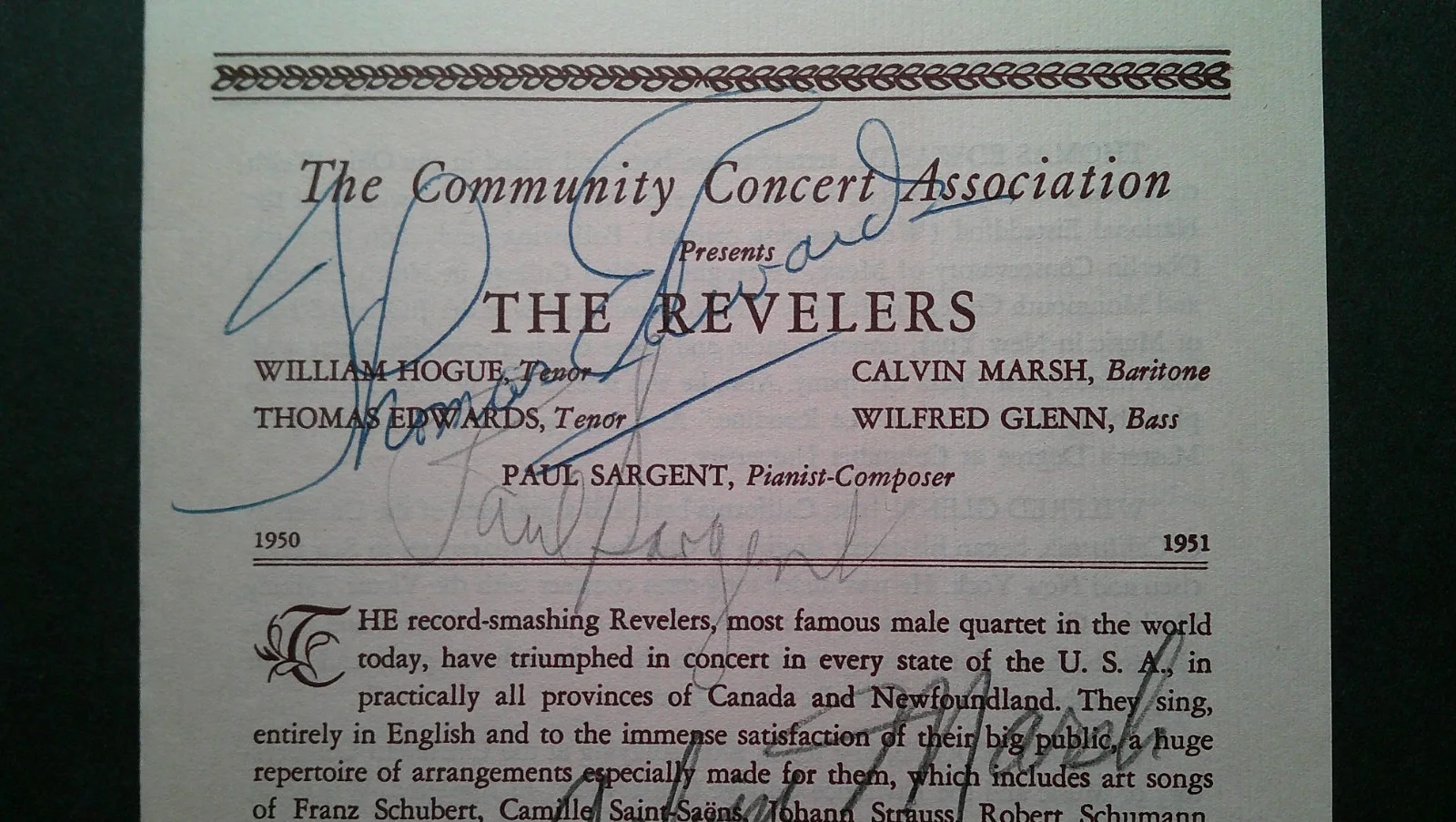 *c.1951 THE REVELERS ORIGINAL SIGNED CONCERT PROGRAM – AMERICAN VOCAL QUINTET*, изображение 2