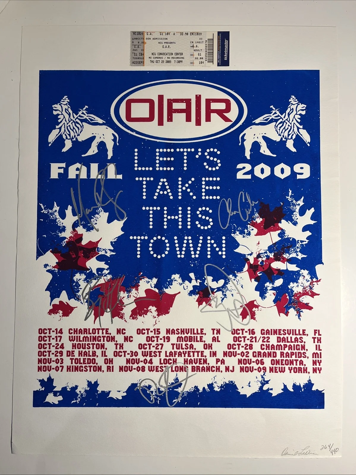 Chris Culos, Terry DePizzo, Benj Gershman, Richard On, Marc Rober — O.A.R. Let’s Take This Town Signed / Autographed 2009 Tour Poster w/ Ticket #264