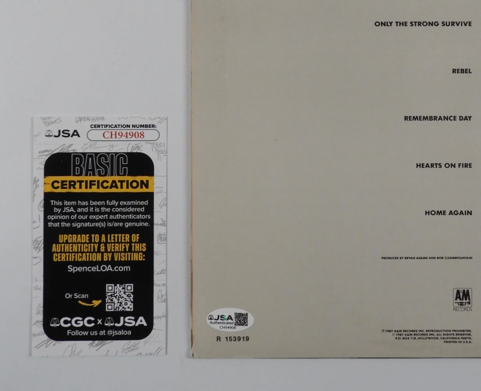 Bryan Adams JSA Signed Autograph Album Vinyl Record Into The Fire, image 3