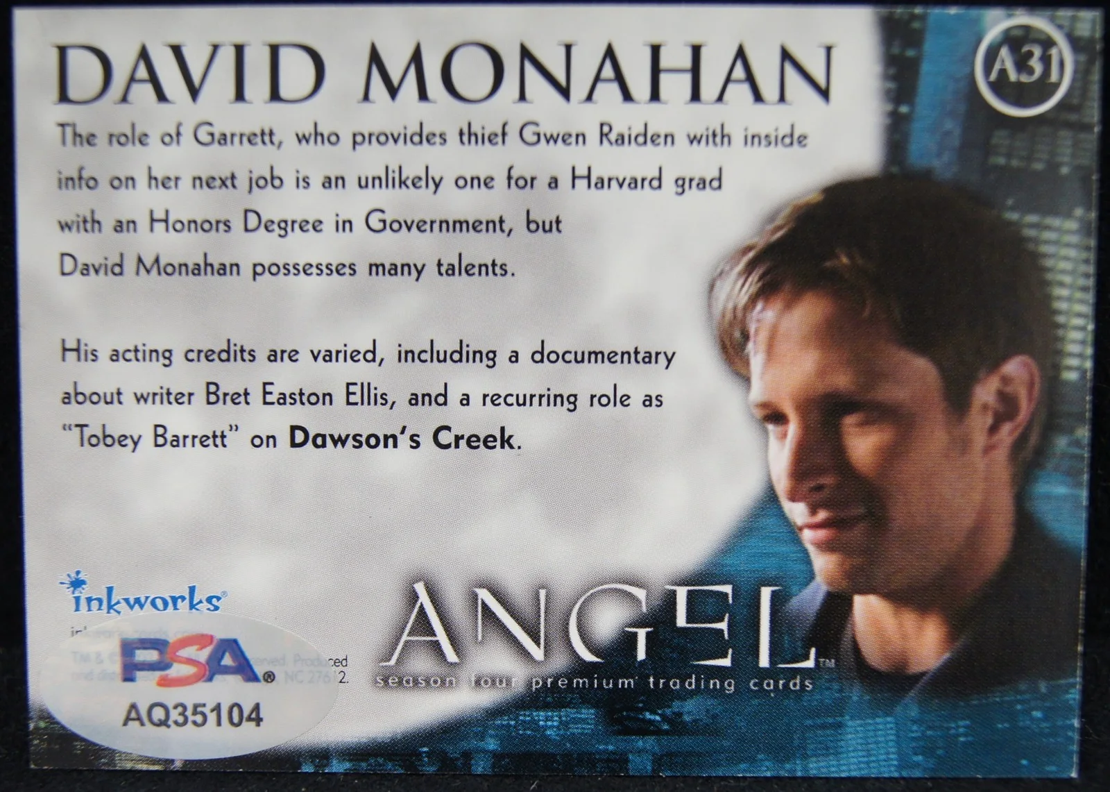 David Monahan — DAVID MONAHAN Autographed 2003 Inkworks Trading Card #A31 Garrett From Angel, изображение 2