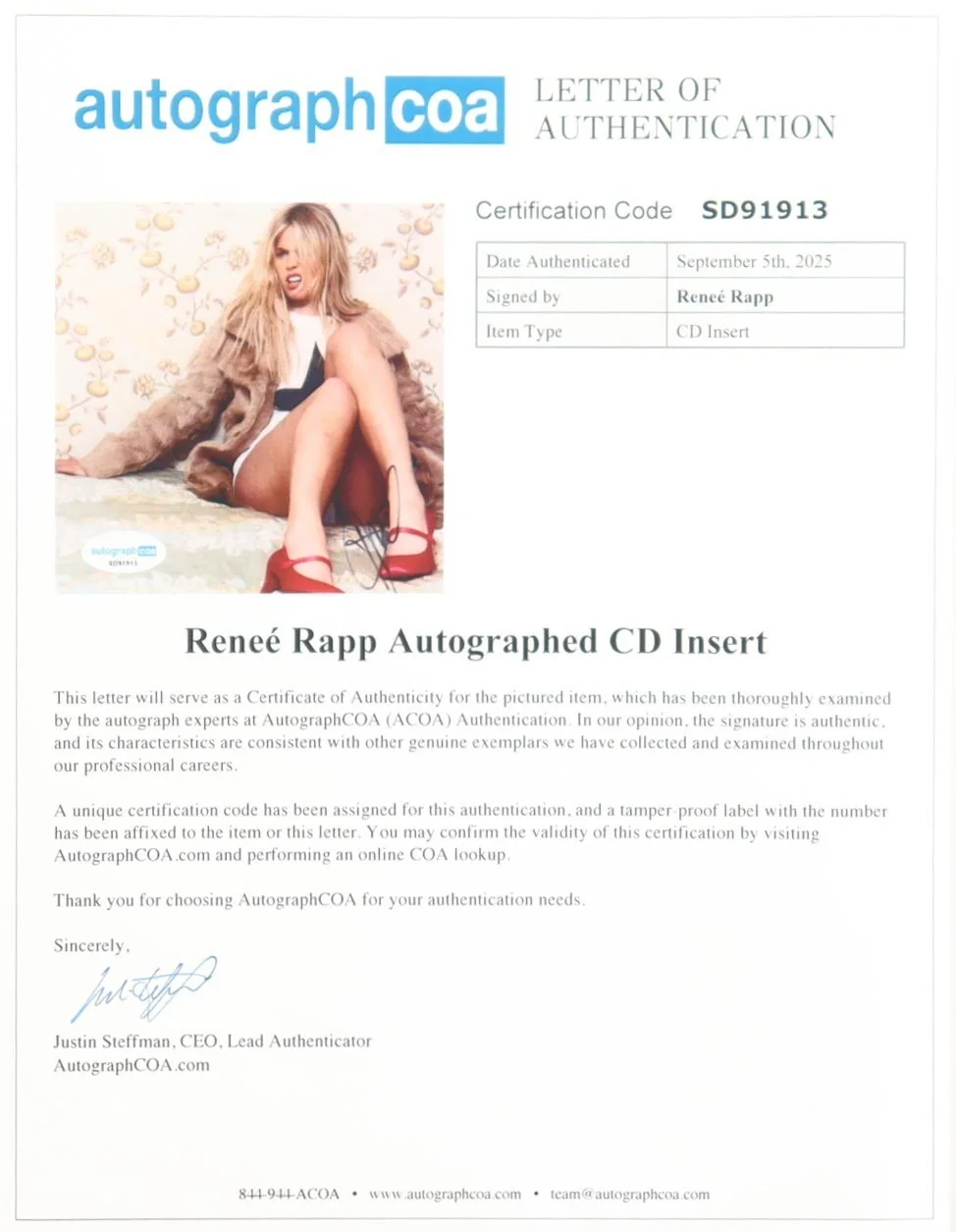 Renée Rapp Signed “Bite Me” CD Framed Display Autograph COA Mean Girls Star, изображение 2