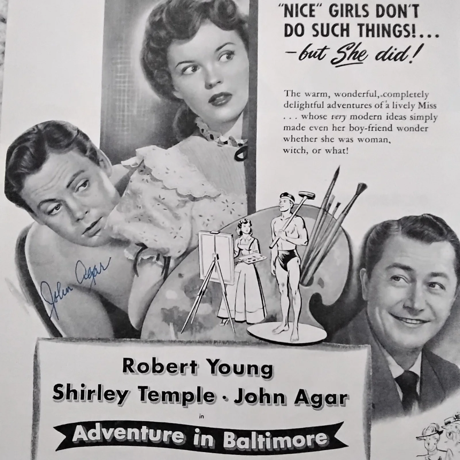 John Agar SIGNED 1949 Movie Ad 50s TV Movie Actor Adventure in Blatimore Shirley, изображение 3