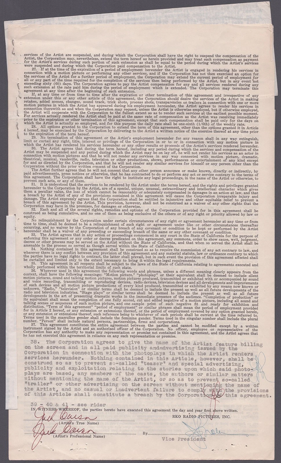Jack Carson — JACK CARSON - CONTRACT MULTI-SIGNED 03/25/1940, изображение 2
