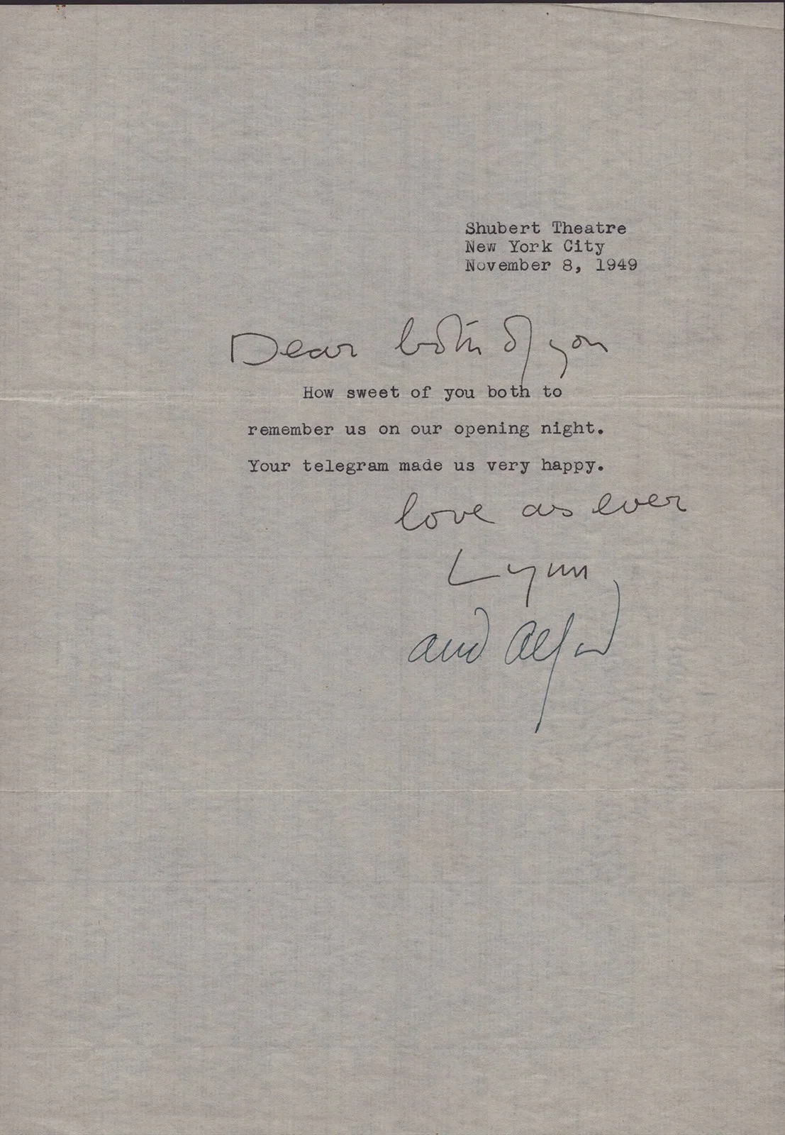 Lynn Fontanne, Alfred Lunt — LYNN FONTANNE - TYPED LETTER SIGNED 11/08/1949 CO-SIGNED BY: ALFRED LUNT