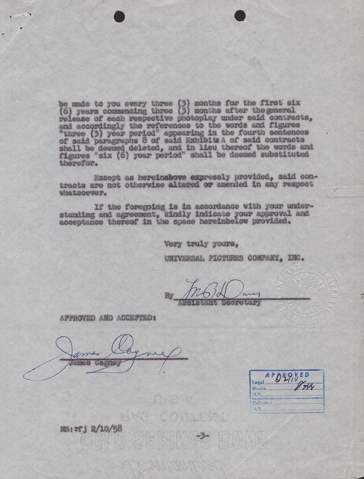 James Cagney — JAMES CAGNEY - CONTRACT SIGNED 03/24/1958, image 3