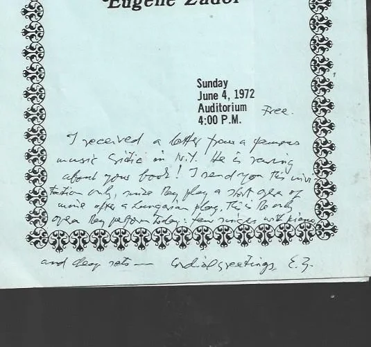 Hand Signed note Autographed by Composer Eugene Zador on progam, image 2