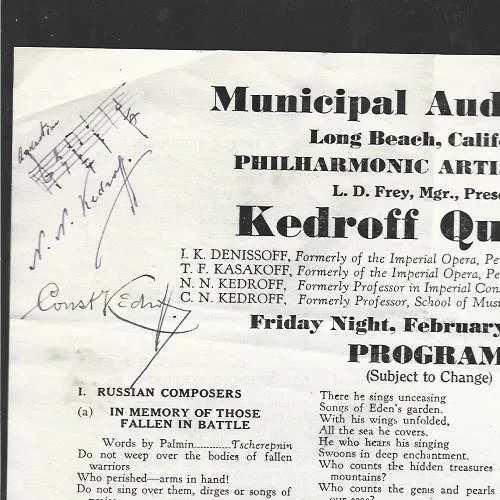 1931 Hand Signed program by all 4 members of the Kedroff Quartet, image 2