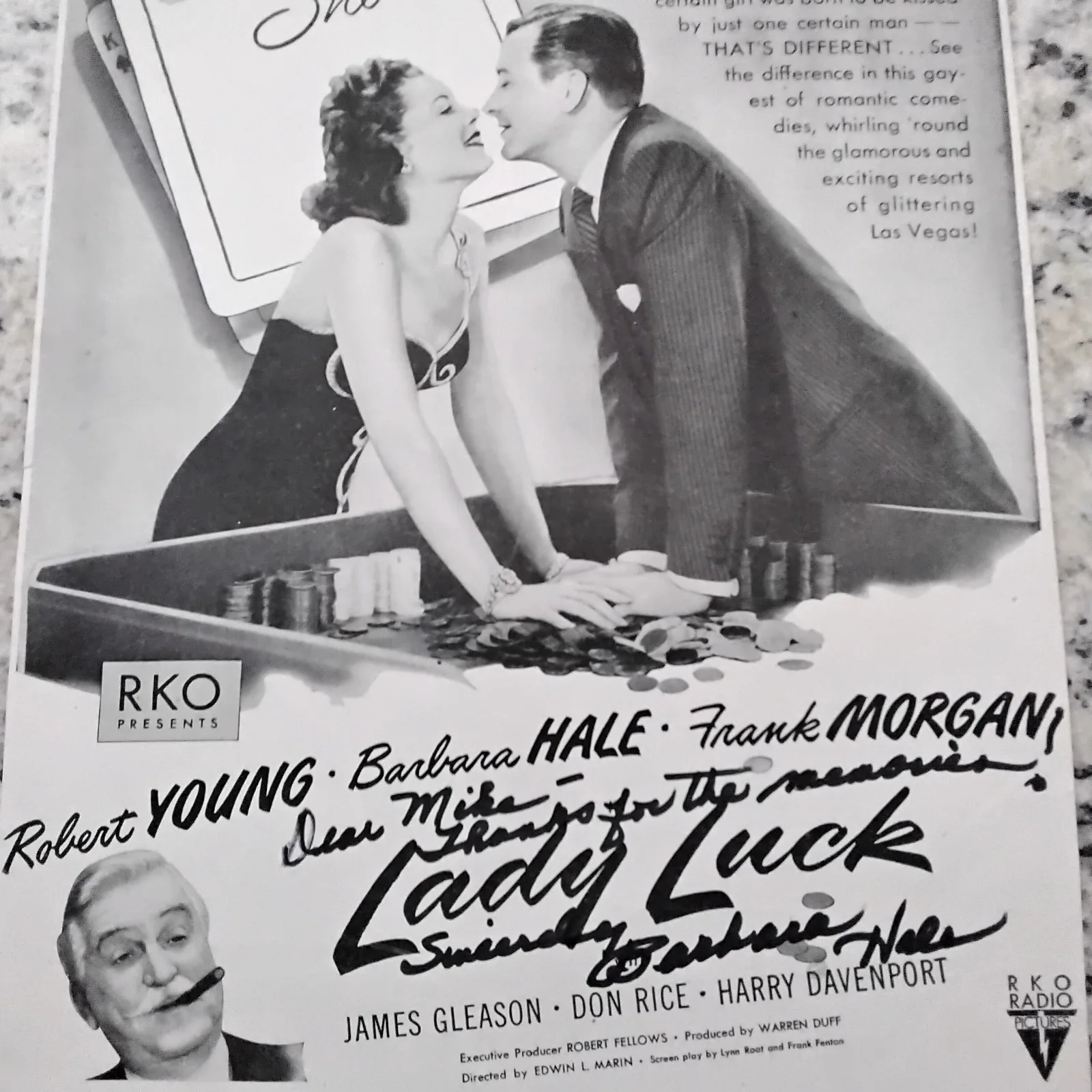 Barbara Hale SIGNED 1946 Mag Movie Ad Movie TV Actress Lady Luck Robert Young, изображение 2