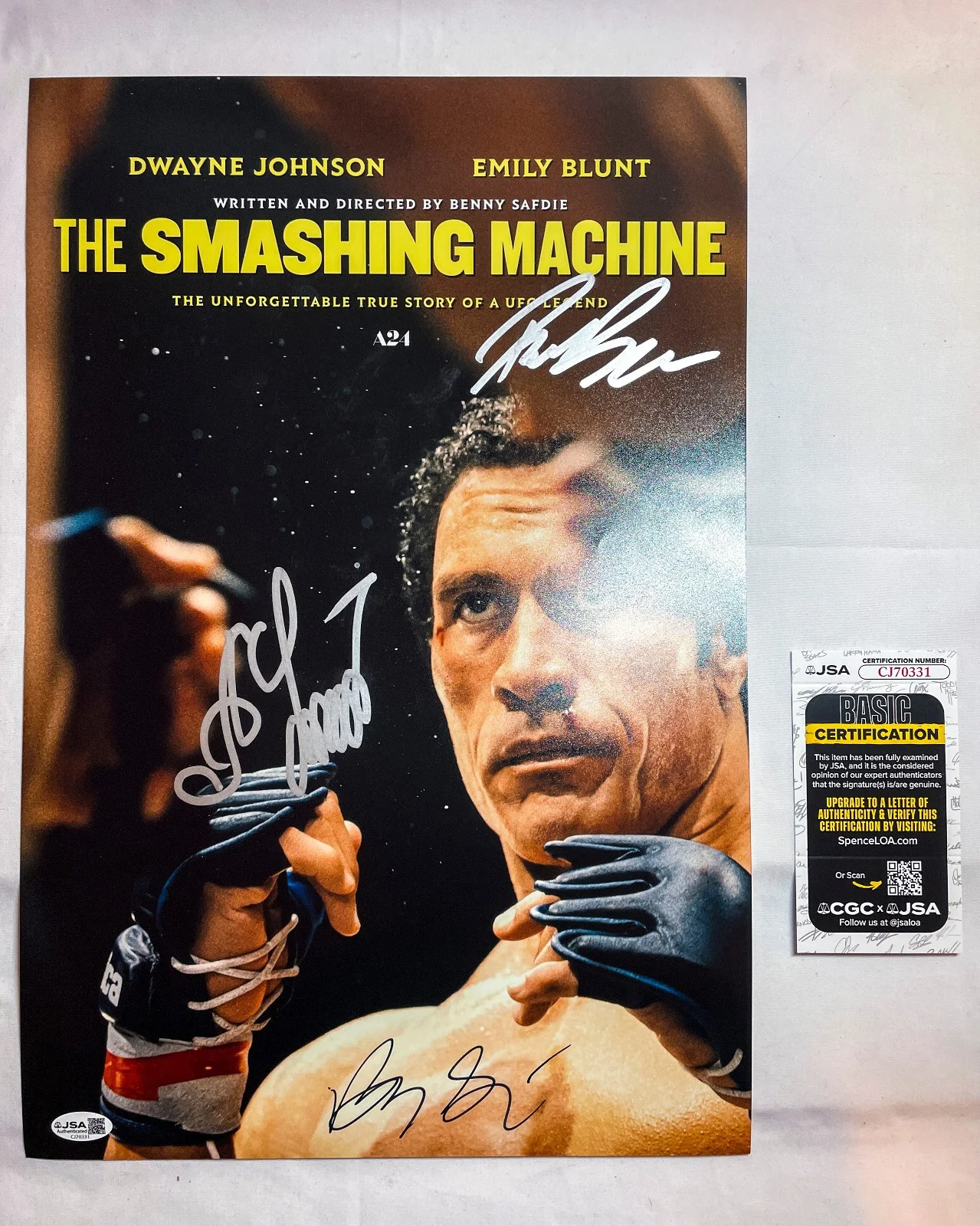 Oleksandr Uysk, Ryan Bader, Benny Safdie — Oleksandr Uysk Ryan Safdie Director Cast Signed SMASHING MACHINE 12x18 Photo JSA