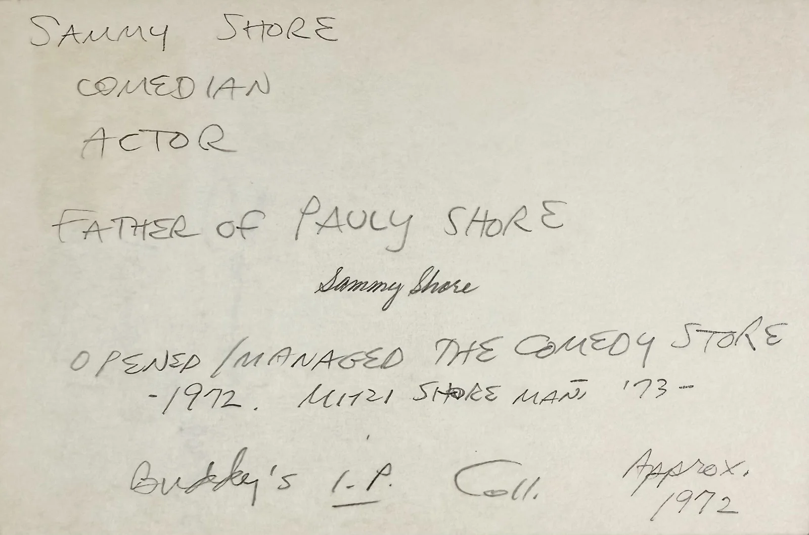 Sammy Shore — SAMMY SHORE Signed Autograph 4 x 6 INDEX CARD Fake-Out The Bellboy THUNDER ALLEY, image 3