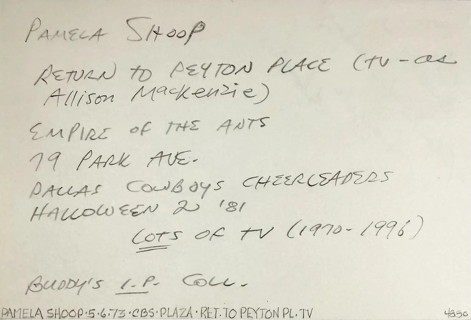 Pamela Shoop — PAMELA SHOOP Signed Autograph 4"x 6" INDEX CARD Nurse Karen Bailey HALLOWEEN II, image 3