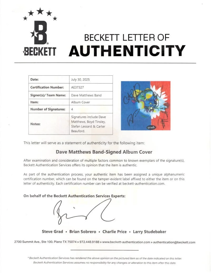 Carter Beauford, Stefan Lessard, Dave Matthews, Boyd Tinsley — Dave Matthews Boyd Carter & Stefan Signed Autograph Crash Album Record BAS COA, изображение 4