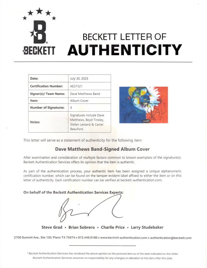 Carter Beauford, Stefan Lessard, Dave Matthews, Boyd Tinsley — Dave Matthews Boyd Carter & Stefan Signed Autograph DMB Album Record Beckett COA, image 4
