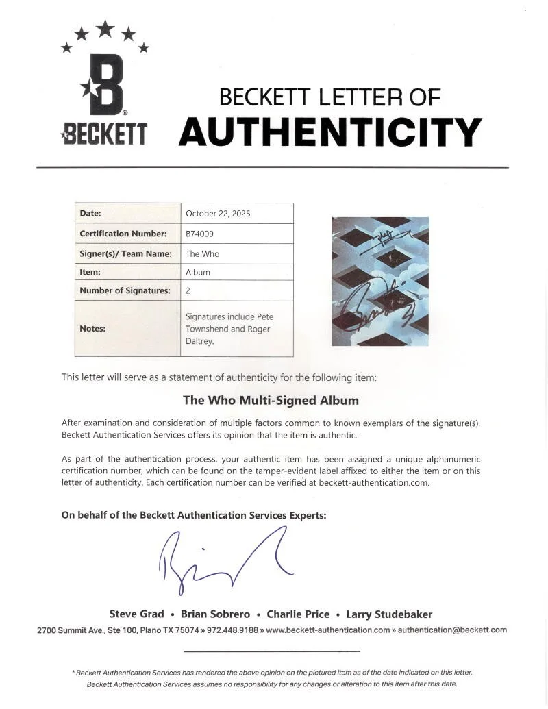 Roger Daltrey, Pete Townshend — Roger Daltrey Pete Townshend Signed Autograph The Who Tommy Album w/ Beckett COA, image 3